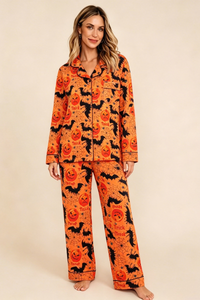 Women's Halloween Pumpkin Bat Spider Web Print Pajama Set