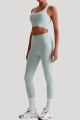 Women Naked Feel Cross Back Yoga Set: High Waisted Seamless Tummy Control Leggings + Crisscross Sports Bra