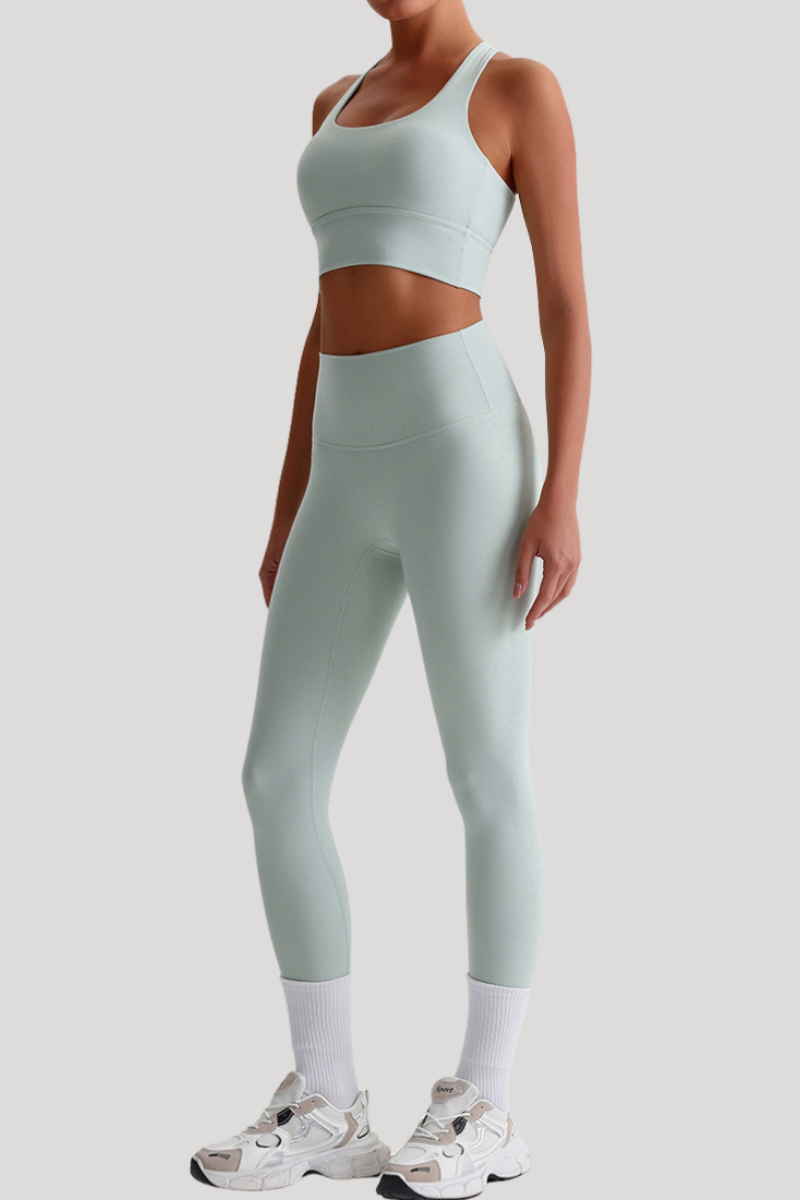 Women Naked Feel Cross Back Yoga Set: High Waisted Seamless Tummy Control Leggings + Crisscross Sports Bra