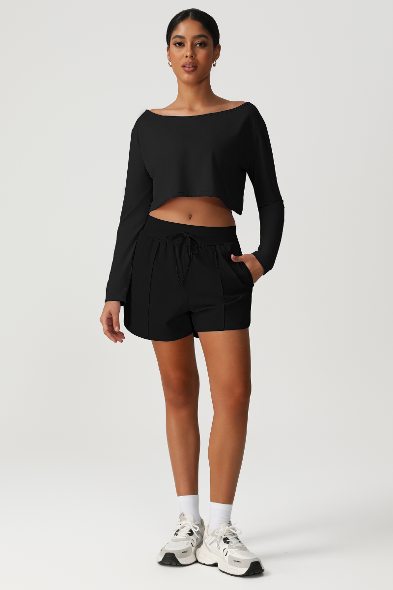 Women's Off Shoulder Long Sleeve Top & Shorts Athletic Set