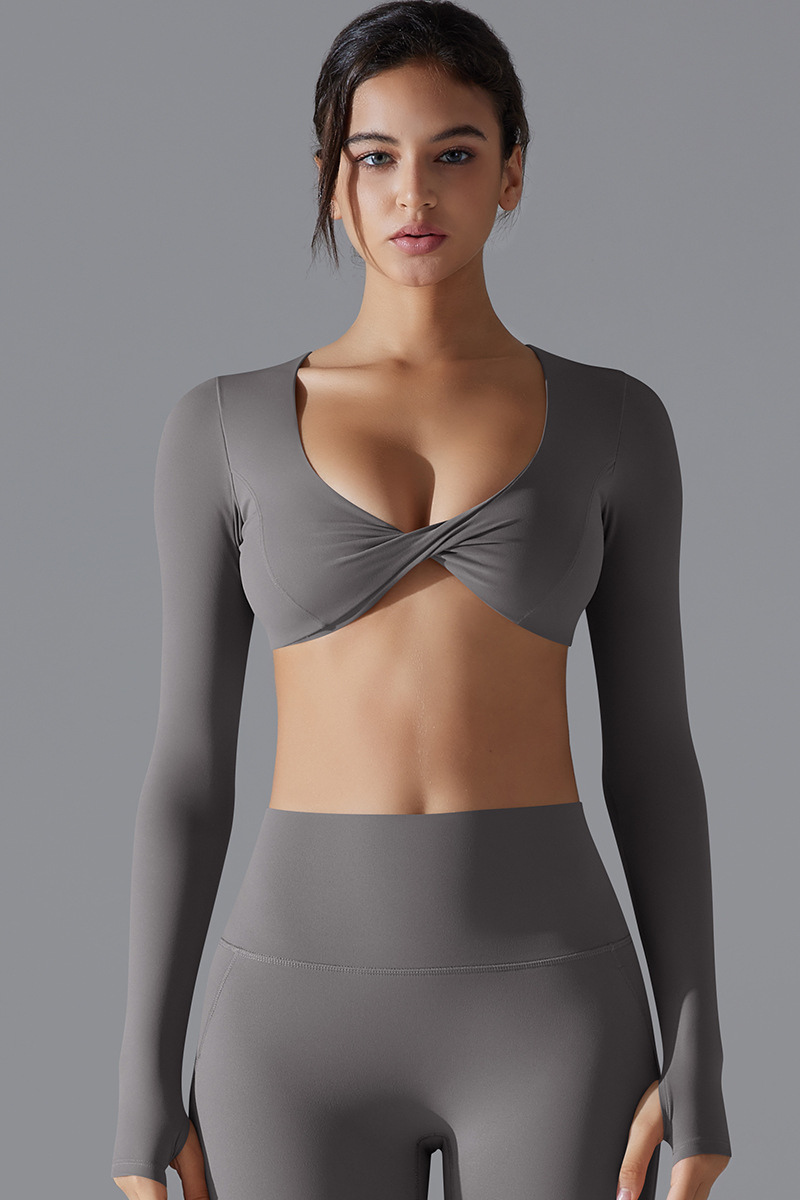 Women' Athletic Twist-Front V-Neck Long Sleeves T-shirt