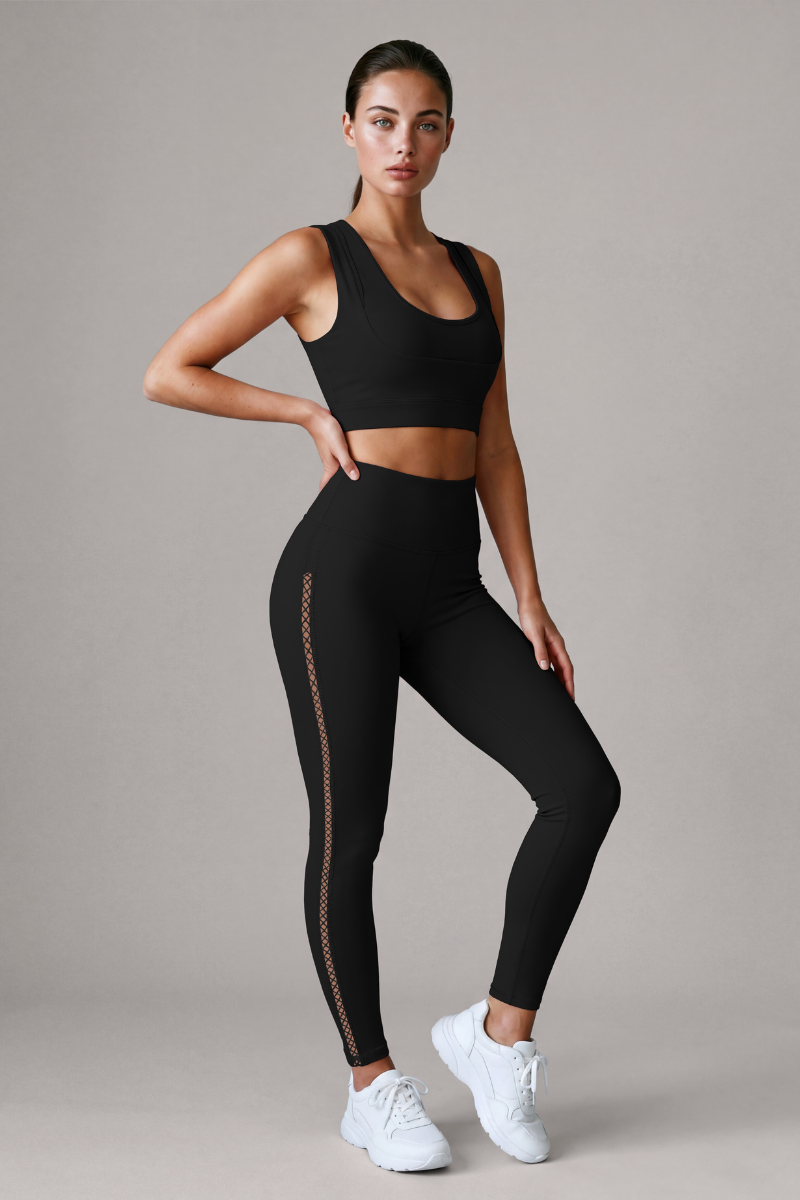 Women’s Double Strap Bra And Side Mesh Leggings Yoga Sets