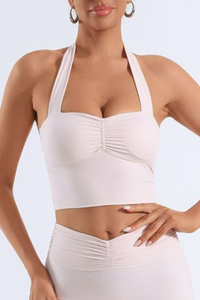 Women's Halter Neck Pleated Twist Back Padded Sports Bra