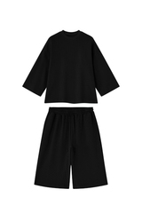 Unisex Waffle Knit Set:Loose Fit T-shirt &Knee Length Shorts