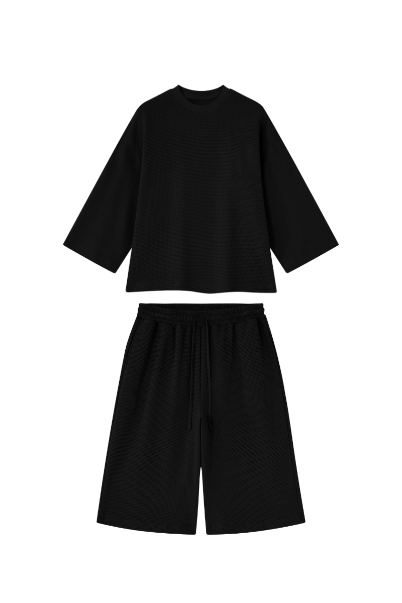 Unisex Waffle Knit Set:Loose Fit T-shirt &Knee Length Shorts