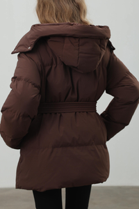 Women's hooded mid-length cotton jacket with waist tie.