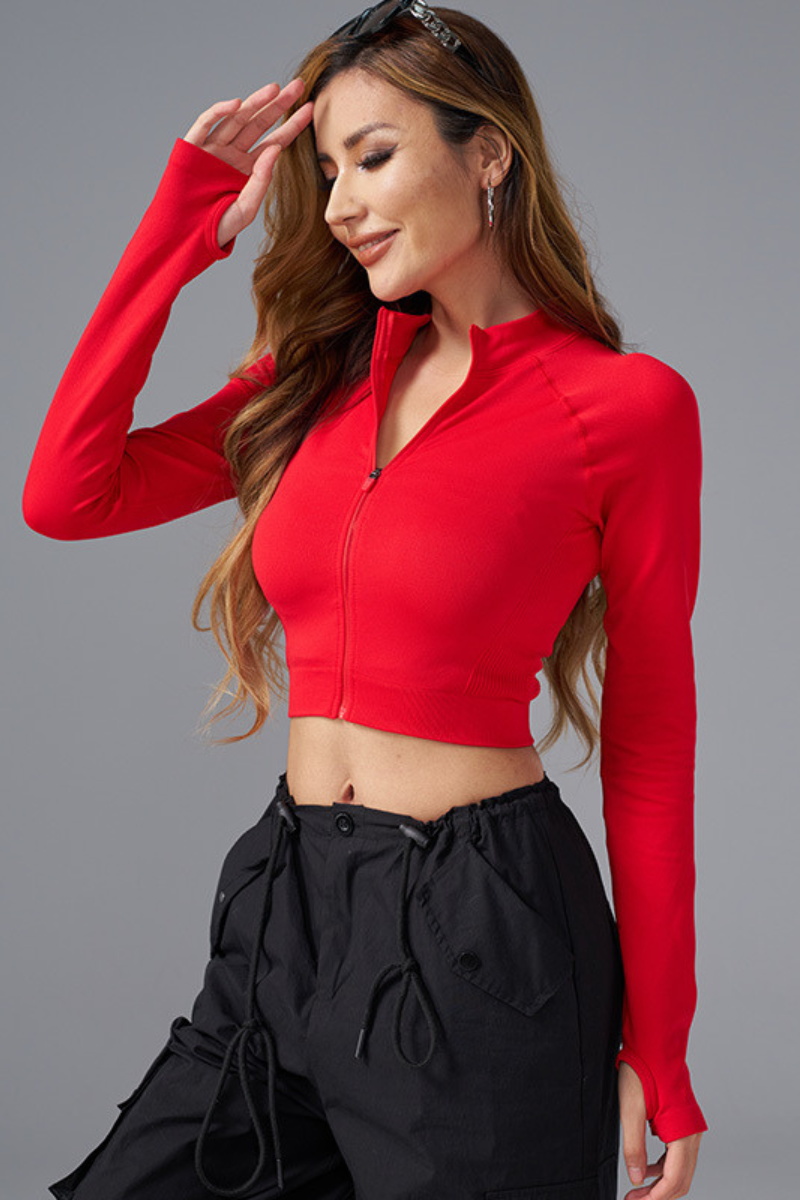 Women's Athletic Finger Cuffs Stand Collar Cropped Jacket