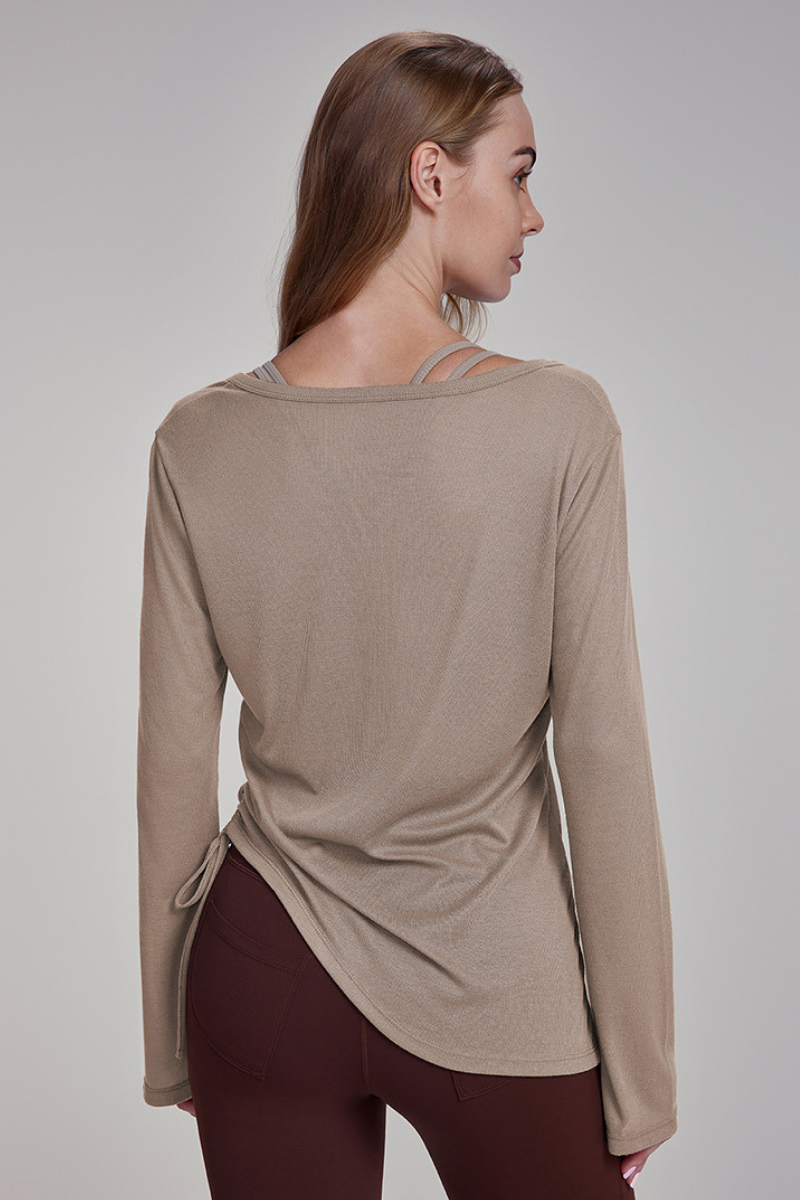 Women's Spring Side Drawstring Loose Yoga Long Sleeve Top