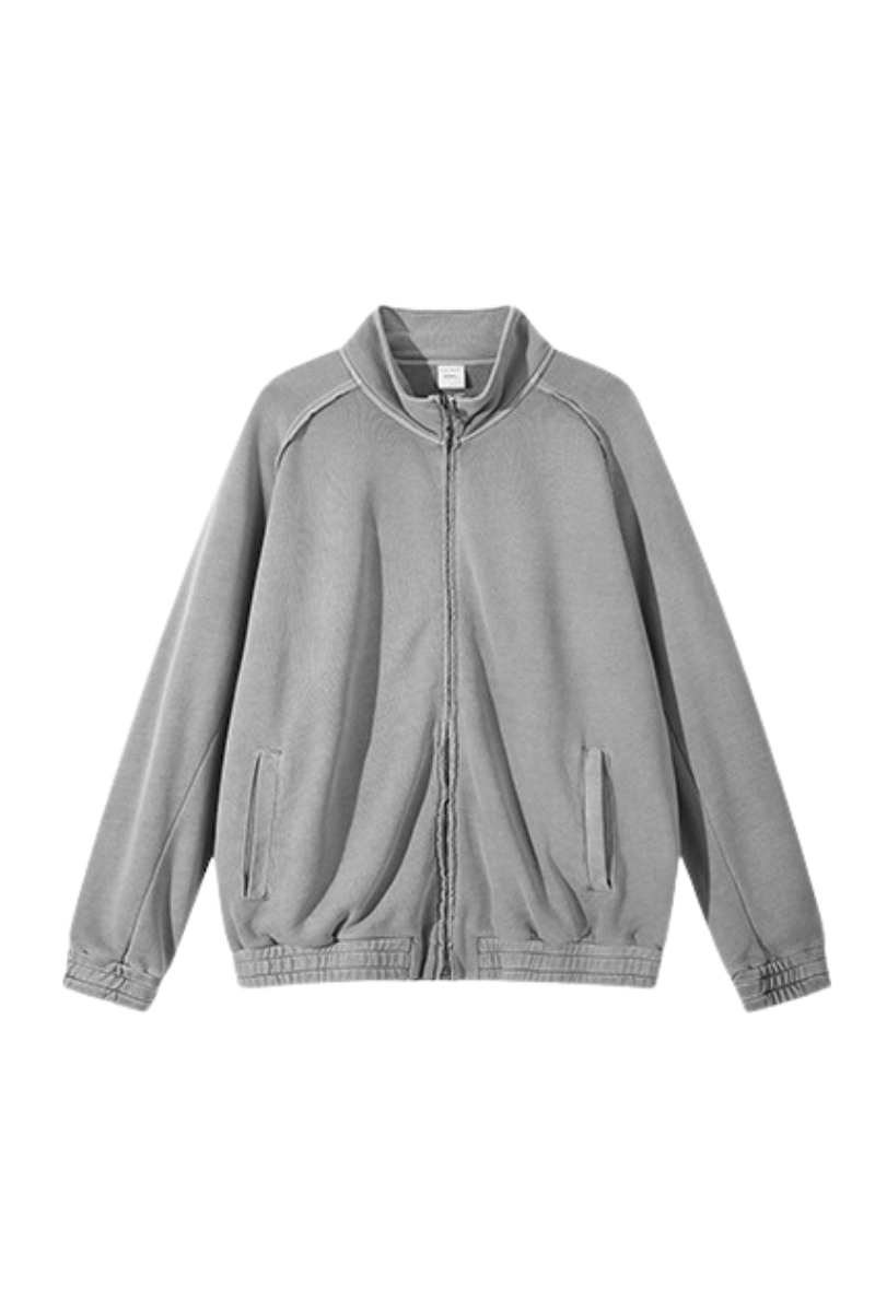 Men's Fall  100% Cotton Washed Faded Raw Edge Zip Up Jacket