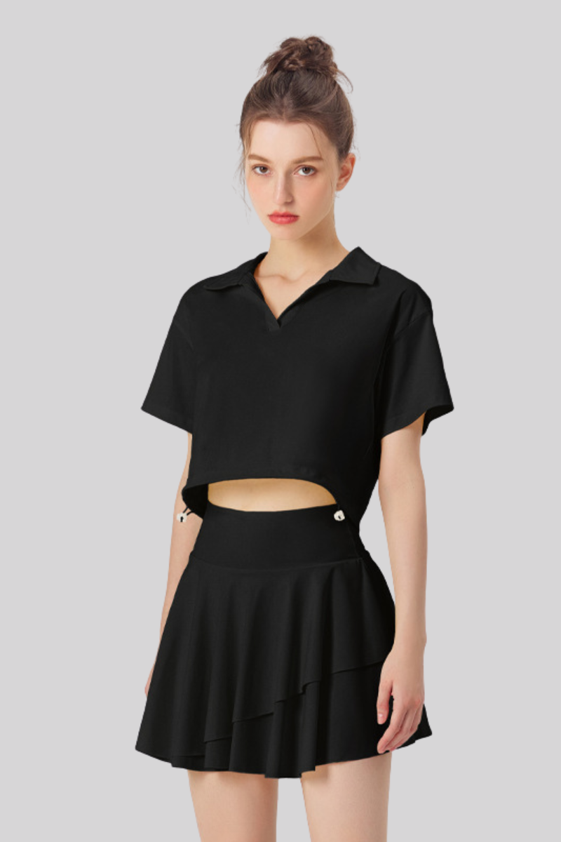 Women's Tennis Sets:Polo Collar Cropped Tee & Skirt