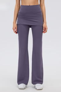 Women's Fake 2-Piece Skort Overlay Ruched Flare Yoga Pants