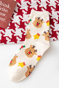Women Christmas Reindeer Santa Snowman Print Mid Calf Socks