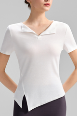 Women's Collared Naked Feel Asymmetric Slit Hem T-shirt