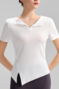 Women's Collared Naked Feel Asymmetric Slit Hem T-shirt