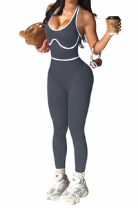 Women's Halter Cutout Back Striped Color-Block Yoga Jumpsuit