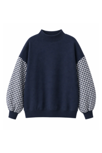 Women's Fall Gingham Spliced Oversize Mock Neck Sweatshirt