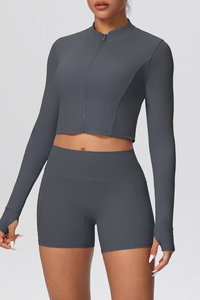 Women's Two Piece Set:Stand Collar Cropped Jacket And Shorts