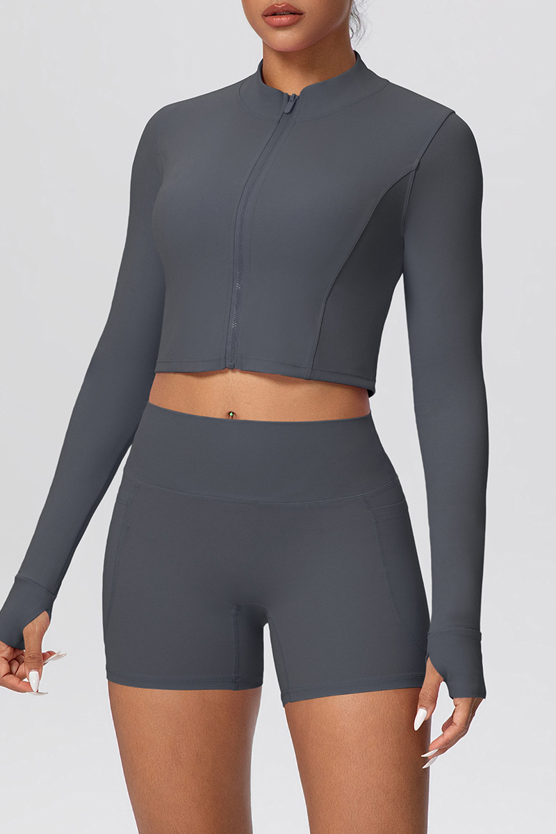 Women's Two Piece Set:Stand Collar Cropped Jacket And Shorts