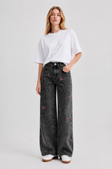 Women's High Waist Cherry Embroidered Wide Leg Jeans
