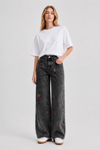 Women's High Waist Cherry Embroidered Wide Leg Jeans