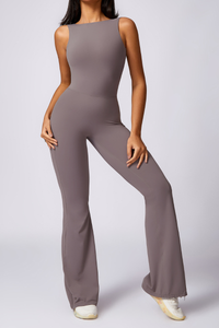 Women Pleated Buttocks Lift Padded Flared Leg Yoga Jumpsuit