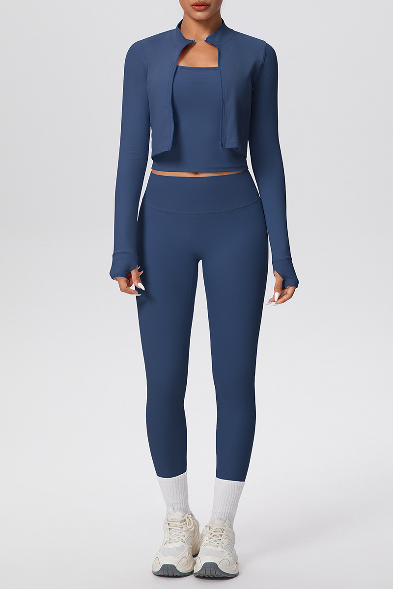 Women's Athletic Set:Stand Collar Jacket & Cropped Bra & Leggings