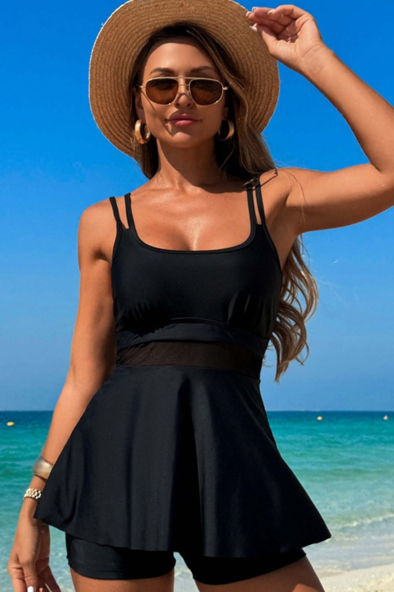 Women's Two-Piece Set Swimsuit:Mesh-paneled Dress And Shorts
