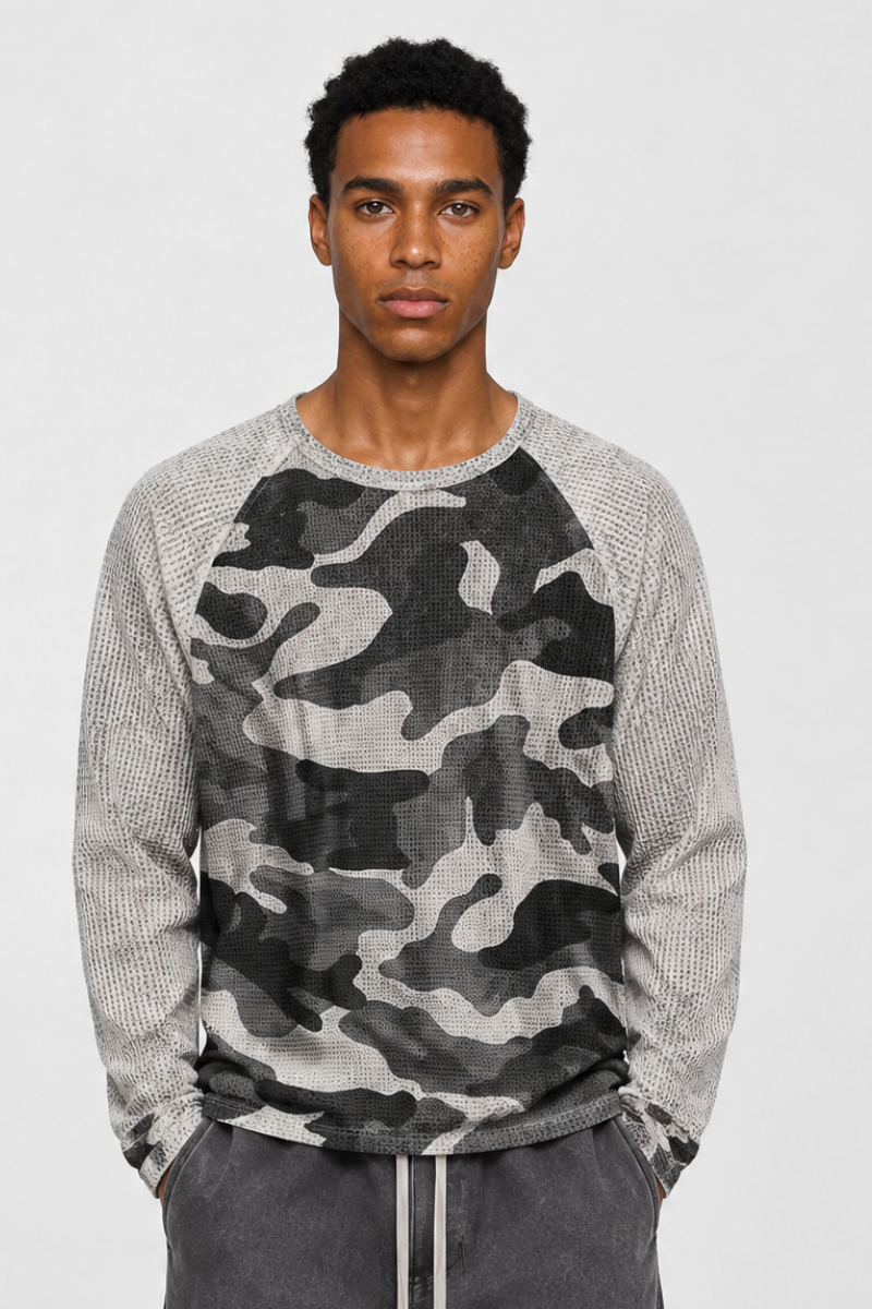 Men's Fall Camo Waffle Breathable Long Sleeve Top