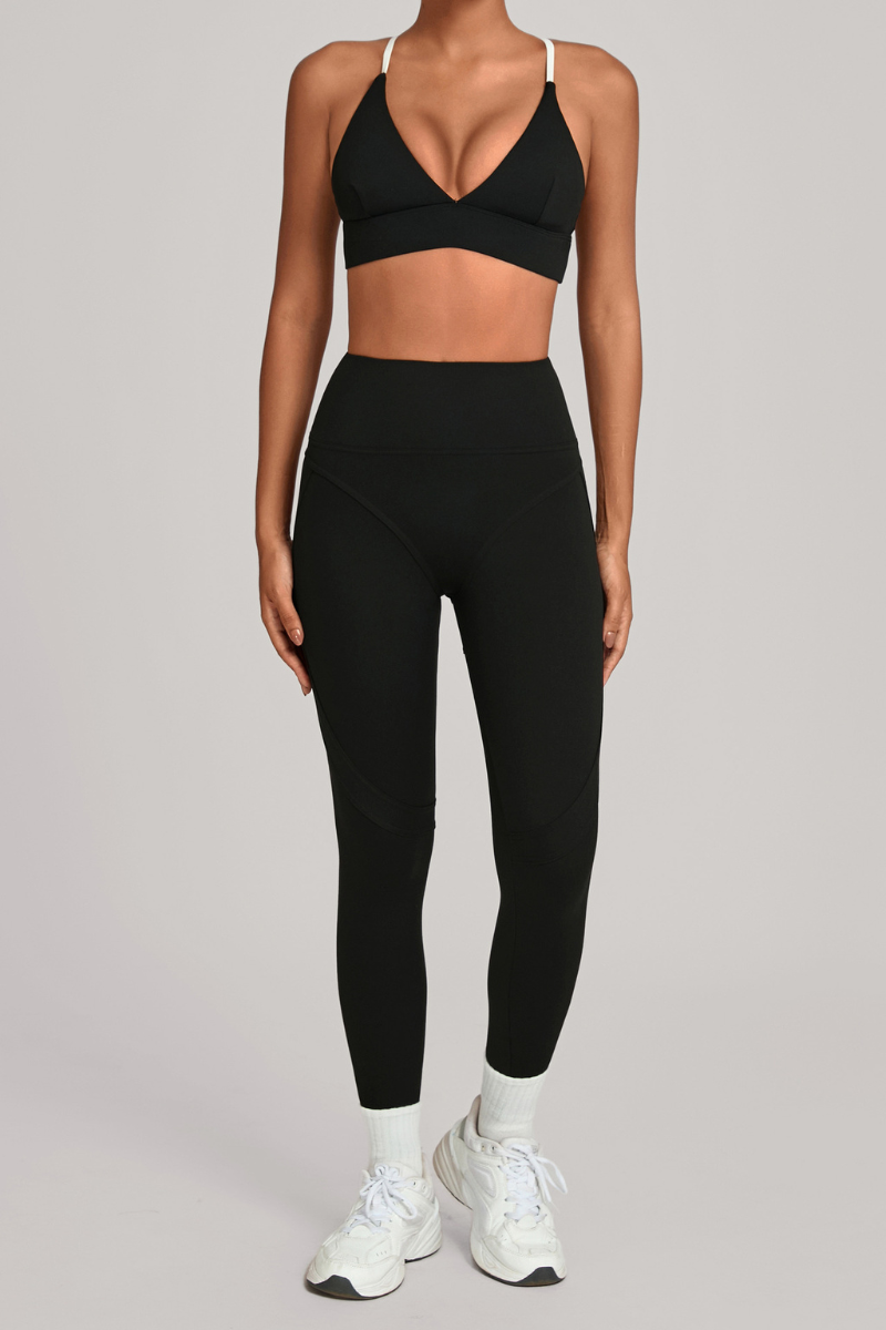 Women's Set:Triangle Cup Color Block Bra & High-Waist Legging