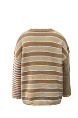 Women Crew Neck Contrast Stripe Distressed Hem Knit Sweater