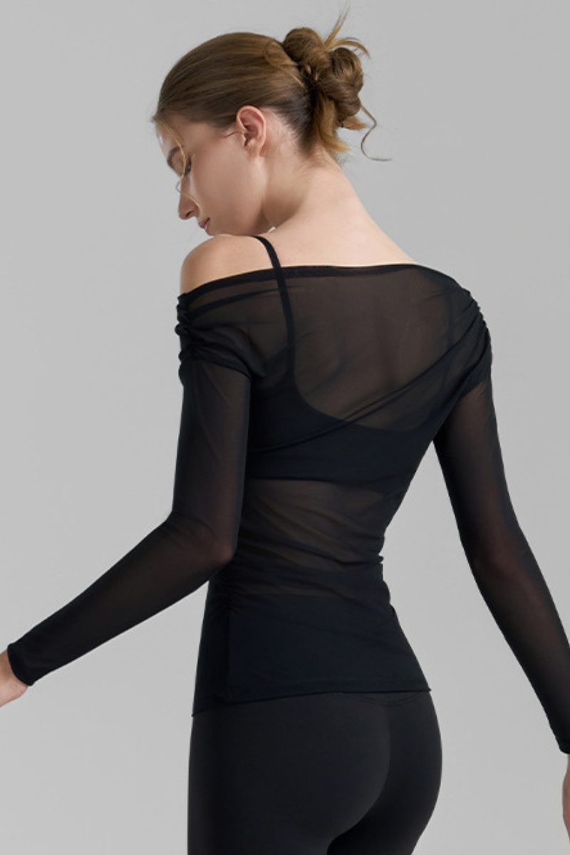 Women's Retro Asymmetric Ruched Mesh Top And Bra Sets