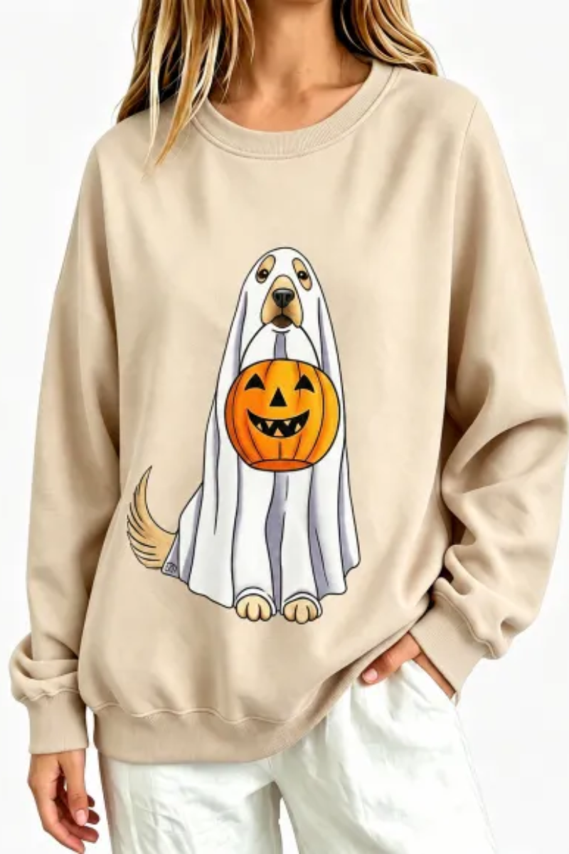 Women's Fall Ghost Dog Pumpkin Graphic Halloween Sweatshirt