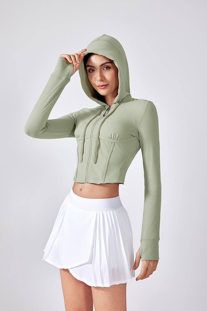 Women Hooded Drawstring Short Slim Outdoor Sports Fitness Yoga Jacket