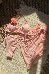 Women's Flower Halter Triangle Ruffle Bikini Three-Piece Set