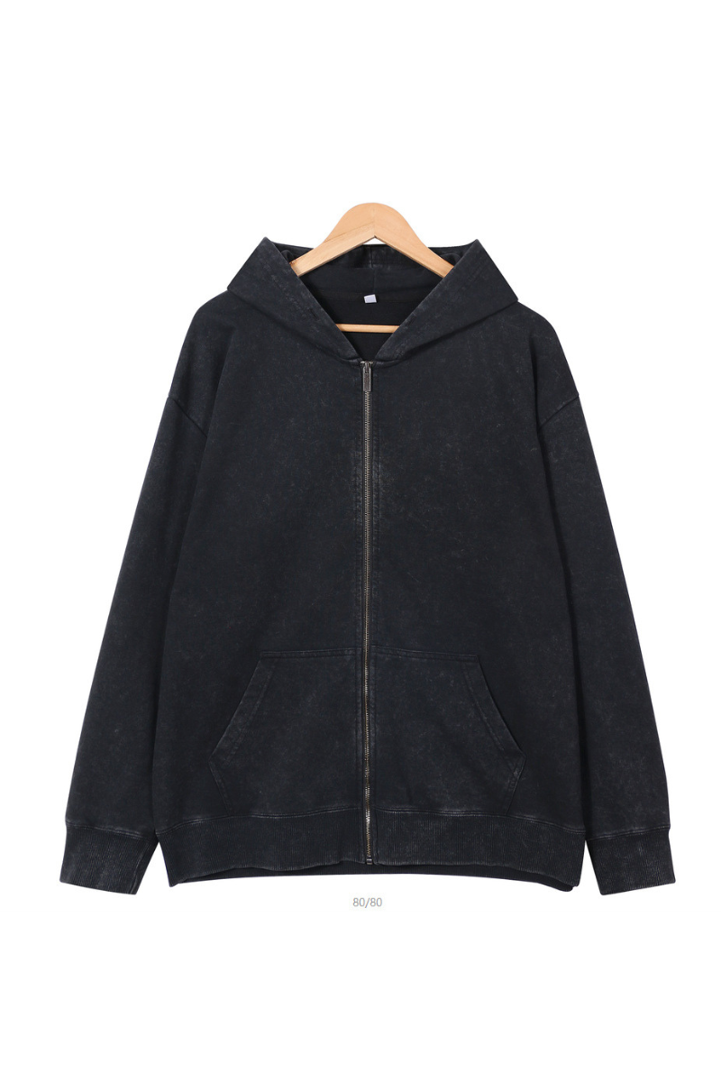 Unisex Fall Washed Vintage Zip-Up Hooded Sports Jacket