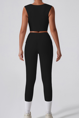 Women's Cropped Tank Top And Twist Cross Waist Leggings Set