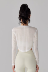 Women's V-Neck Sheer Cropped Long Sleeve Yoga Cover-Up