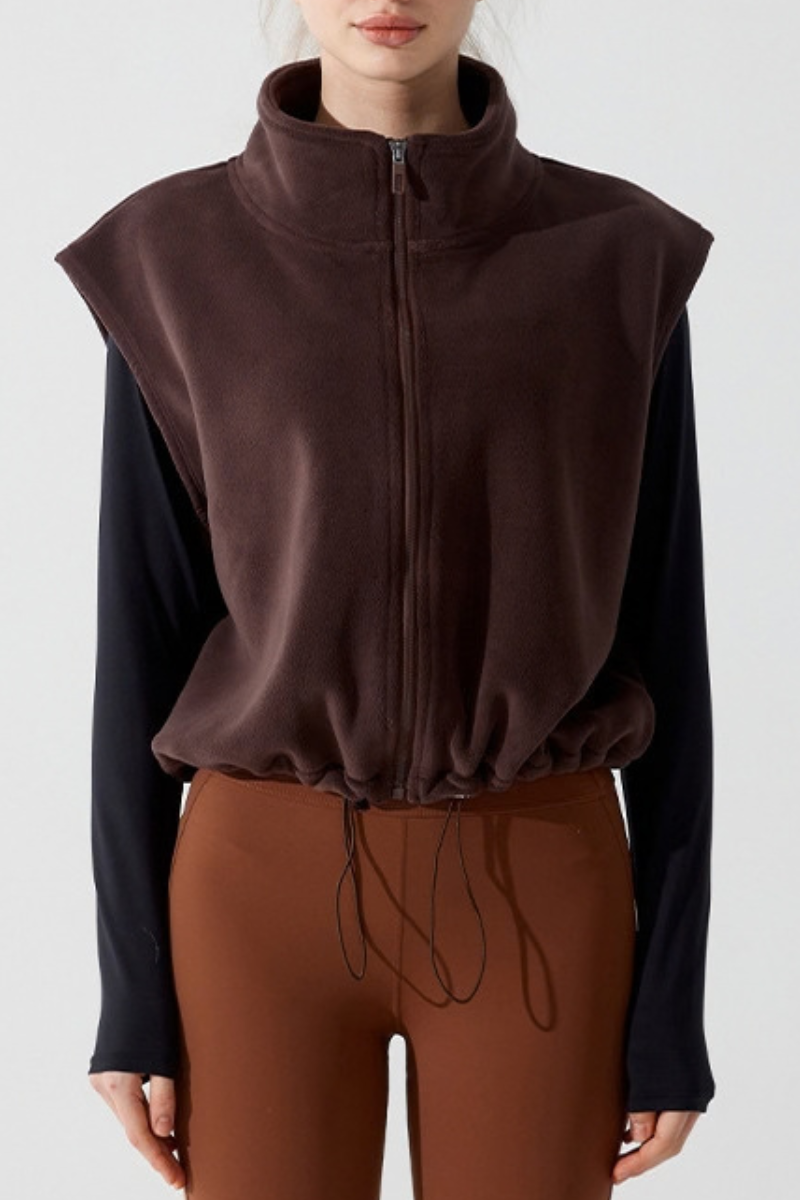 Women's Fall Cropped Drawstring Fleece Stand Collar Vest