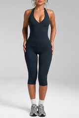Women's Anthletic Deep V Halter Tank Top And Capri Yoga Set