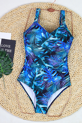 Women's One Piece Suit - Wide Strap U-Neck Leaf Print Plus