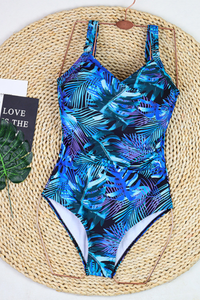 Women's One Piece Suit - Wide Strap U-Neck Leaf Print Plus