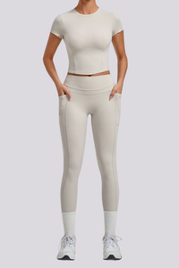 Women's Crew Neck T-shirt Pocket Leggings Yoga 2 Piece Set