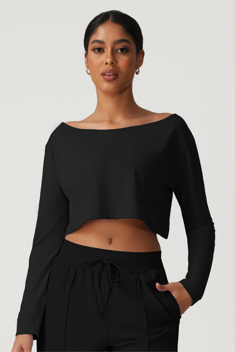 Women's Off Shoulder Cropped Workout Long Sleeve Top