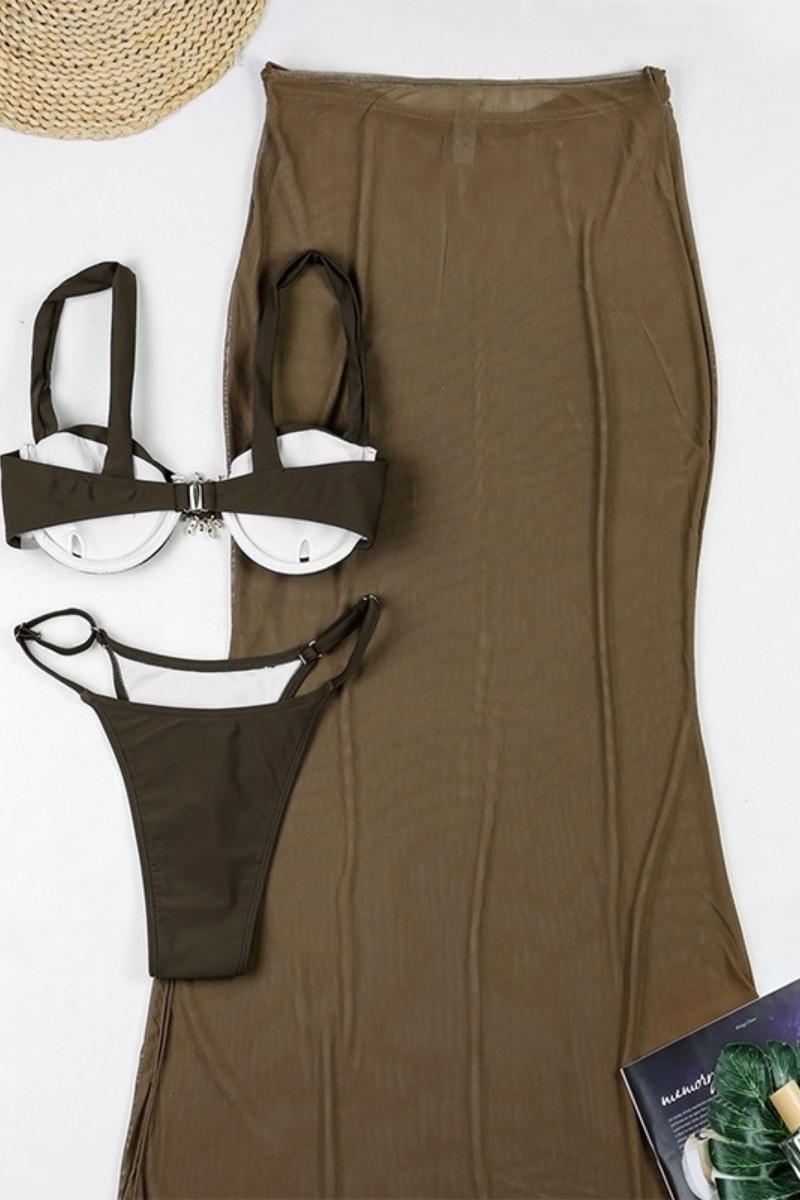 Women's Solid 3-Piece Bikini - Strappy Sexy Triangle Set