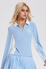 Women’s Color-Block Half-Zipper Polo Long-Sleeve Top