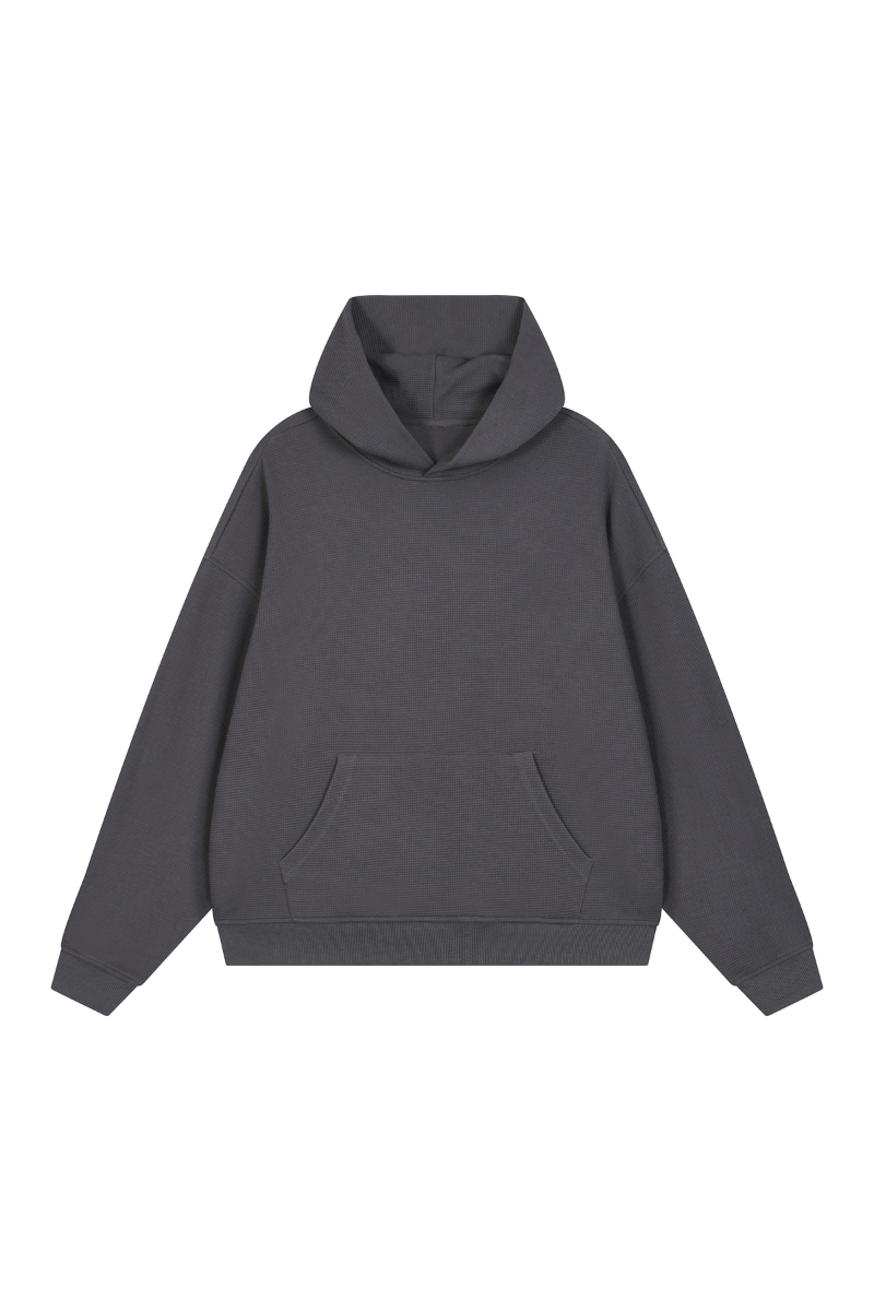 Unisex Fall Boxy Fit Waffle Texture Pullover Relaxed Hoodie