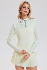 Women's Color-Block Set:Polo Collar Top & Pleat Mini Skirt