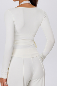 Women's Ribbed V Neck Side Wrap Tie Yoga Long Sleeve Top