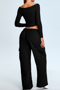 Women's Set:Off The Shoulder Cropped Top And Wide Leg Pants