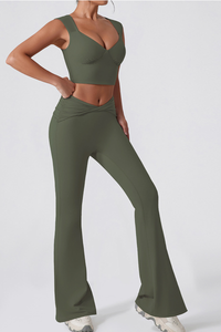 Women's V-Neck Tank Top & Twist Waist Flared Pants Yoga Set